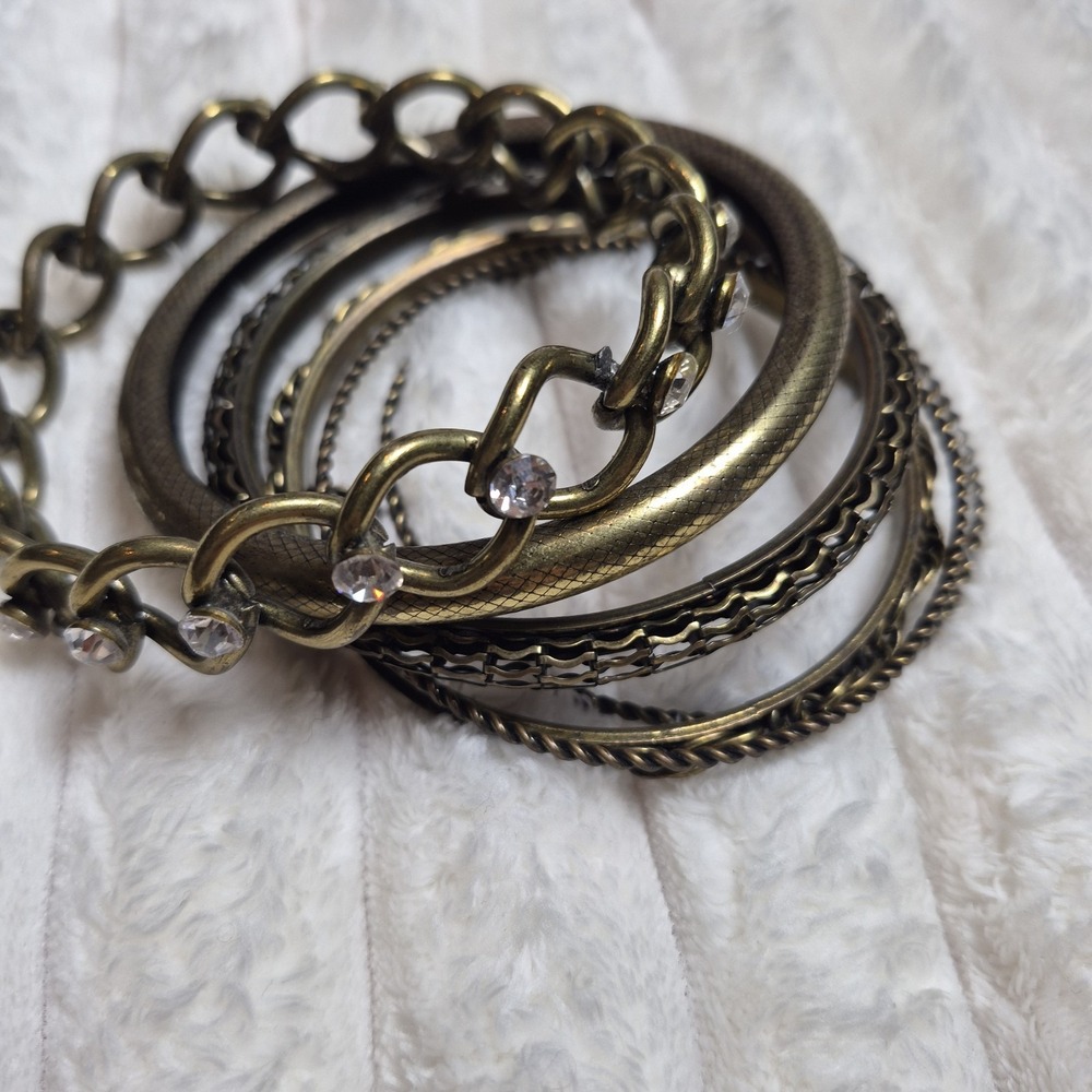 Antique Brass Tone Bangle Bracelet Set Rhinestone Boho Stackable 7 Piece